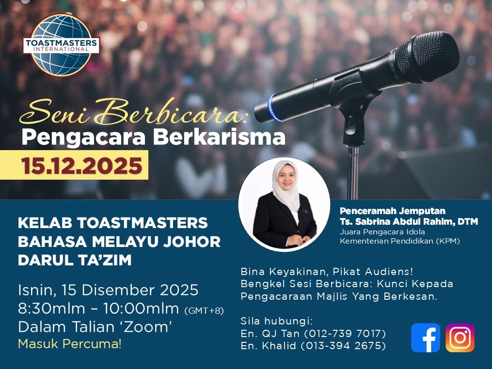 📢 *Jemputan Khas! Jom Jadi Pengacara Berkarisma!*

*BENGKEL SENI BERBICARA: PENGACARA BERKARISMA*

Sertai kami secara dalam talian untuk mengasah kemahiran mengacara majlis dan tingkatkan keyakinan anda! Dari gugup ke fasih, kami kongsikan caranya!

🗓️ *Butiran Acara* 
Tarikh: Isnin, 15 Disember 2025
Masa: 8.30 malam – 10.00 malam
Platform: Zoom 
Masuk percuma, tiada bayaran!

✅ Jangan lepaskan peluang! ✅

Pendaftaran diperlukan untuk mendapatkan pautan zoom anda.

Sila hubungi En. Khalid di 📞 013-3942675 untuk sebarang pertanyaan.