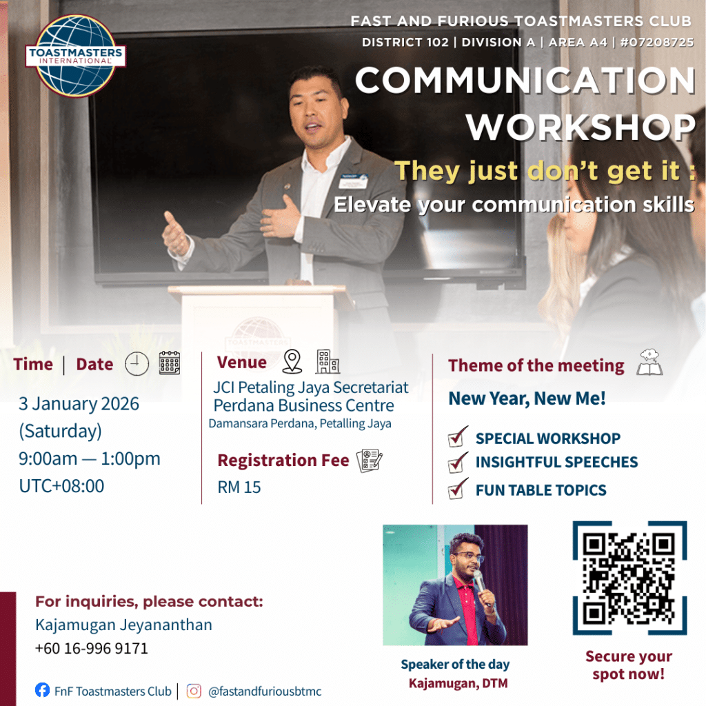 ver felt like you are speaking… but nobody is really listening? Or have you been in a situation where no one actually understands what you're delivering? 😮💨 

This is where FnF club introduces you with this a communication workshop 👍🏻

🎯 What you will experience:
✔ Real, practical communication skills you can use immediately
✔ Insightful speeches that actually make sense (no textbook nonsense)
✔ Fun Table Topics that stretch your thinking and confidence
✔ A safe space to practise, learn, and grow

🎤 Speaker of the Day:
Kajamugan, DTM
A speaker who keeps it real, relatable, and straight to the point.

🗓 Date: 3 January 2026 (Saturday)
⏰ Time: 9:00 AM – 1:00 PM
📍 Venue: JCI Petaling Jaya Secretariat, Damansara Perdana
💰 Fee: RM15 

👉 Seats are limited. Scan the QR code or click the link below secure your spot now
https://forms.gle/c9eW3rtNXTkJ8eks9

Your voice deserves to be heard — clearly, confidently, and with clarity