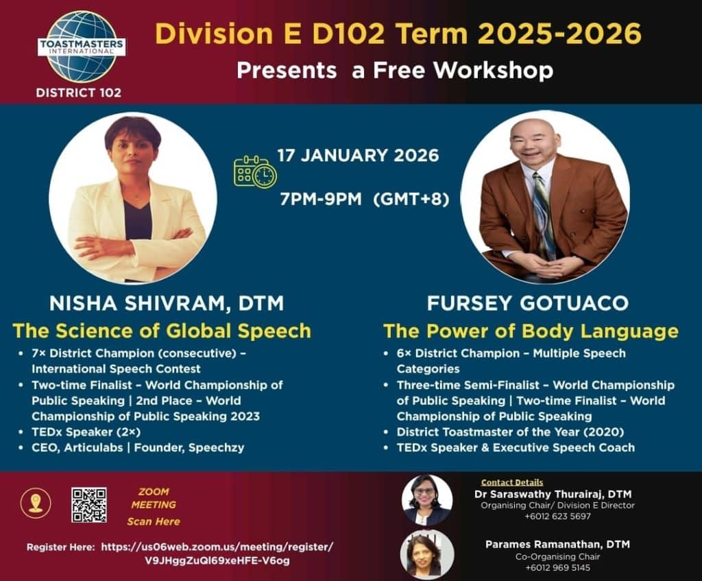✨ JOIN OUR FREE INTERNATIONAL WORKSHOP ✨
“The Science of Global Speech & The Power of Body Language”

Are you ready to unlock the true potential of your voice, gestures, and presence? Your voice, gestures, and presence can open doors; it’s time to command their full power.

Fear, hesitation, or unclear communication can quietly limit your impact. This workshop will help you speak with confidence, express yourself with purpose, and influence others effectively.

💡 WHAT YOU WILL LEARN:
💥 Will help you move closer towards preparing a winning speech.
💥 Speak with clarity, confidence & global appeal
💥 Command attention using gestures, posture & body language
💥 Structure messages that inspire, persuade & connect
💥 Build lasting presence in academic, professional & virtual settings
🎯 Practical, interactive, and experience-driven

📅 EVENT DETAILS
🗓 17 January 2026 (Saturday)
⏰ 7:00 PM – 9:00 PM (GMT+8)
🌐 Online (Zoom)
💯 FREE Registration
👉 Reserve your seat now:
🔗 Zoom Registratio